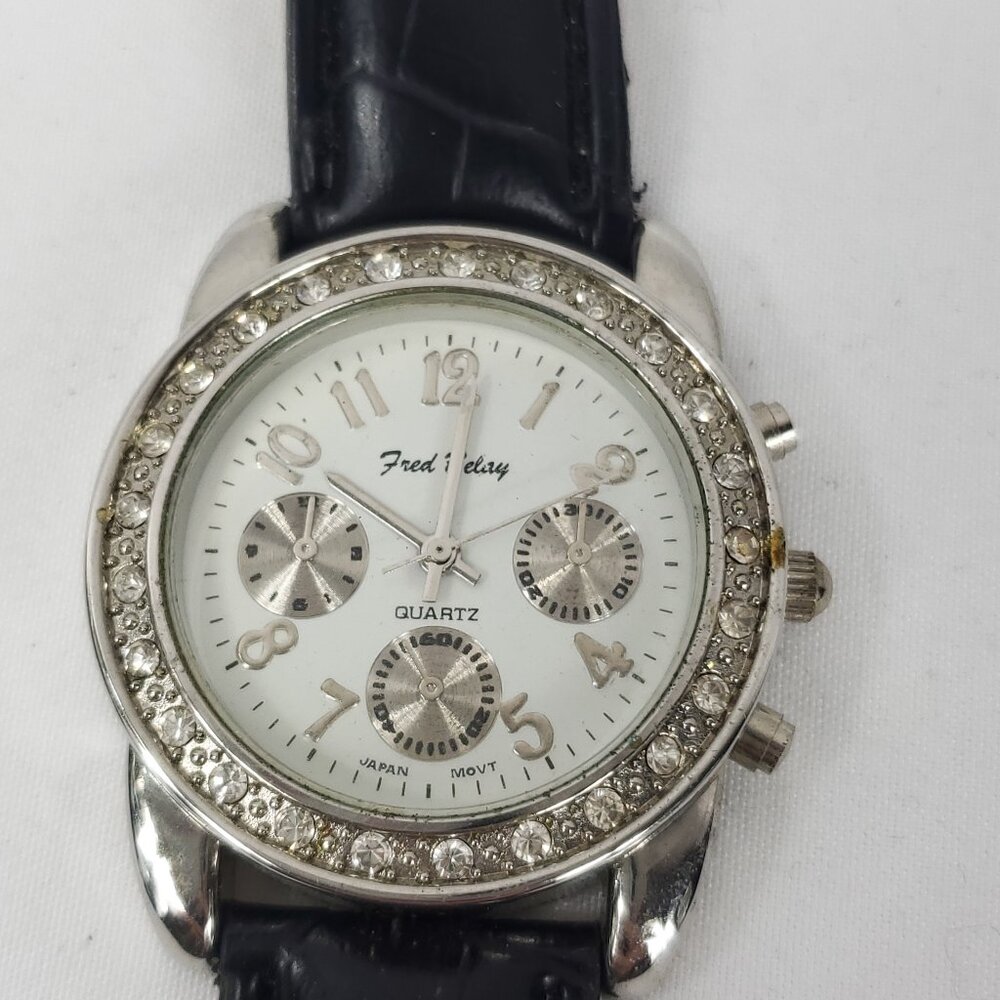 Fred Belay Rhinestone Face Black Leather Band Watch